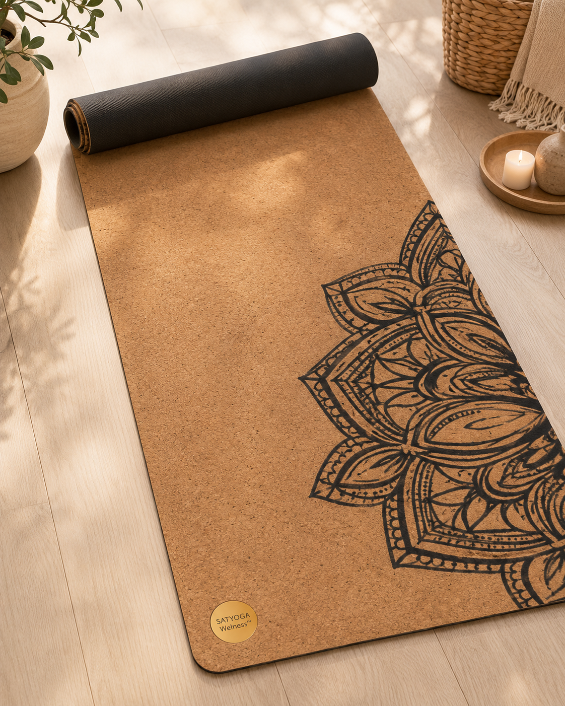 SATYOGA Welness Cork and Rubber Yoga Mat Printed 5–6 MM