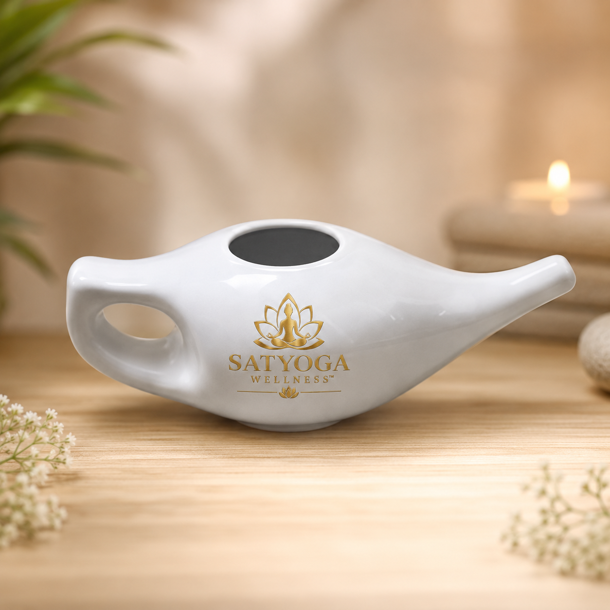 Ceramic Neti Pot 200 ML side angle with SATYOGA Wellness logo