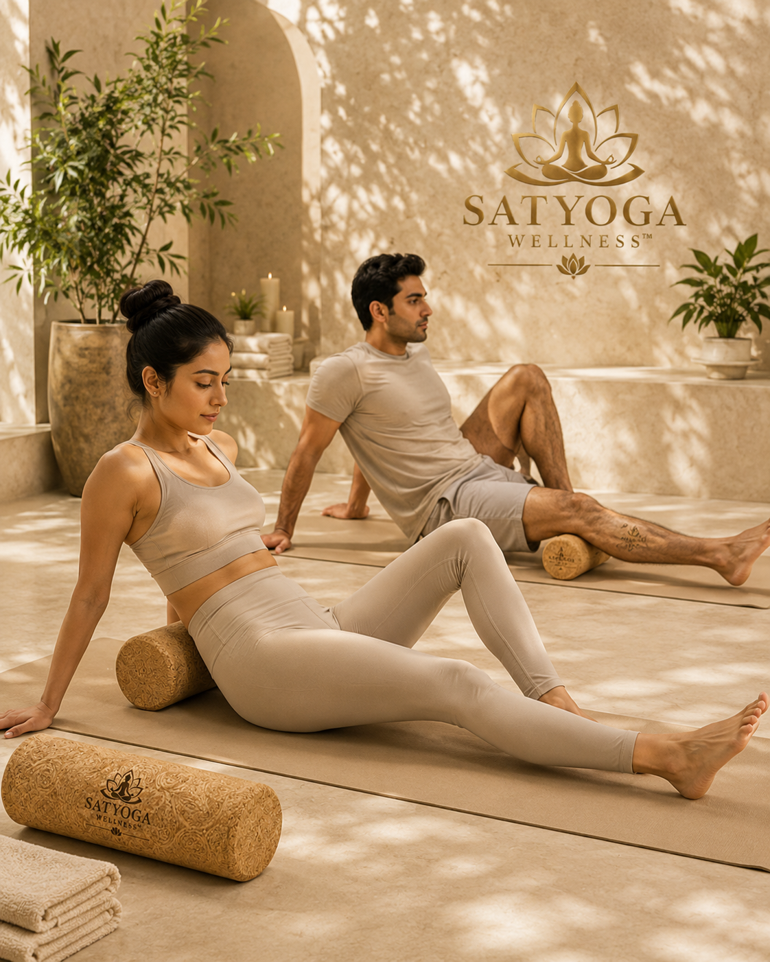 Natural cork yoga roller for stretching by SATYOGA Welness