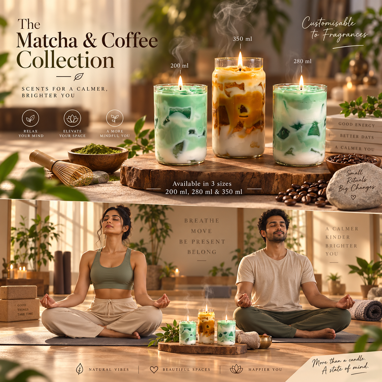 Matcha & Coffee Meditation Candle in glass jars with customisable fragrances by SATYOGA Welness™