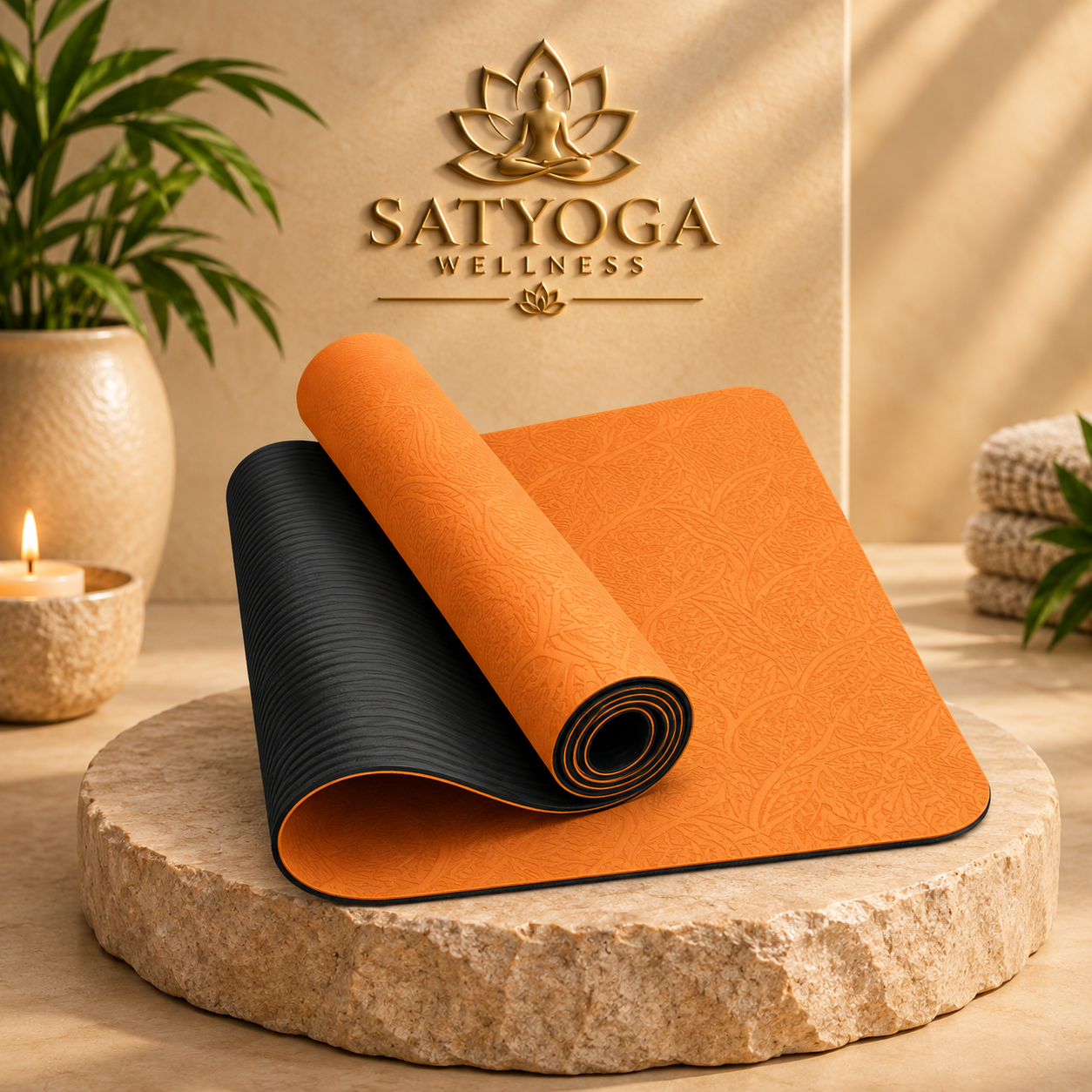 TPE Rubber Dual Yoga Mat in orange and black available in 4mm, 6mm, 8mm and 10mm by SATYOGA Welness™