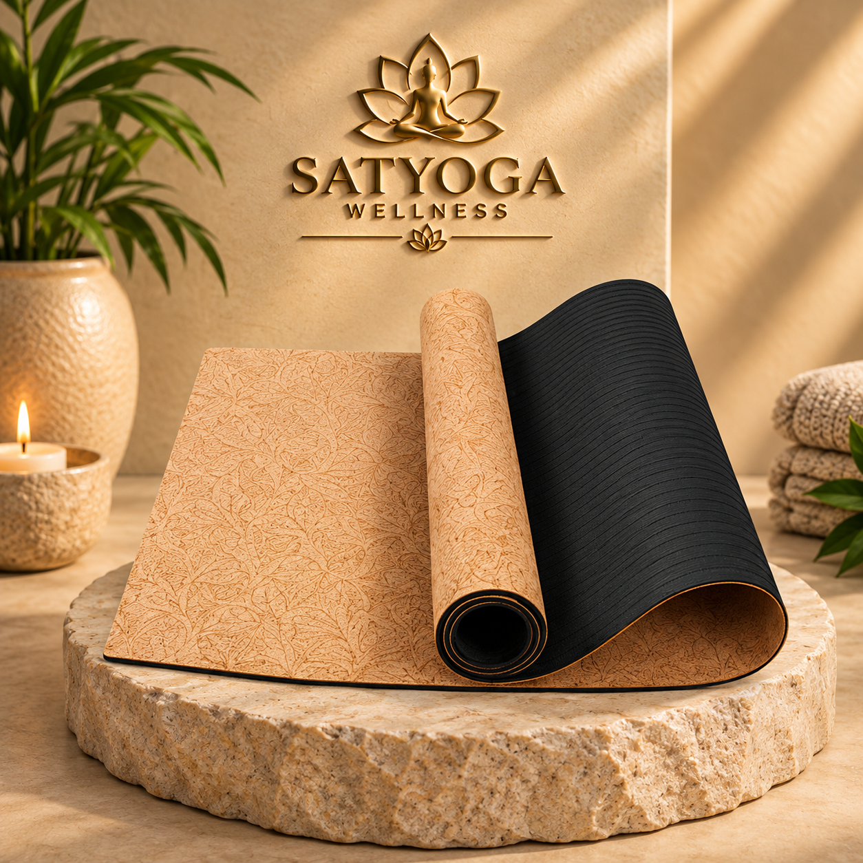 ork and Rubber Yoga Mat with natural cork surface and black rubber base available in 4mm 6mm 8mm and 10mm by SATYOGA Welness™