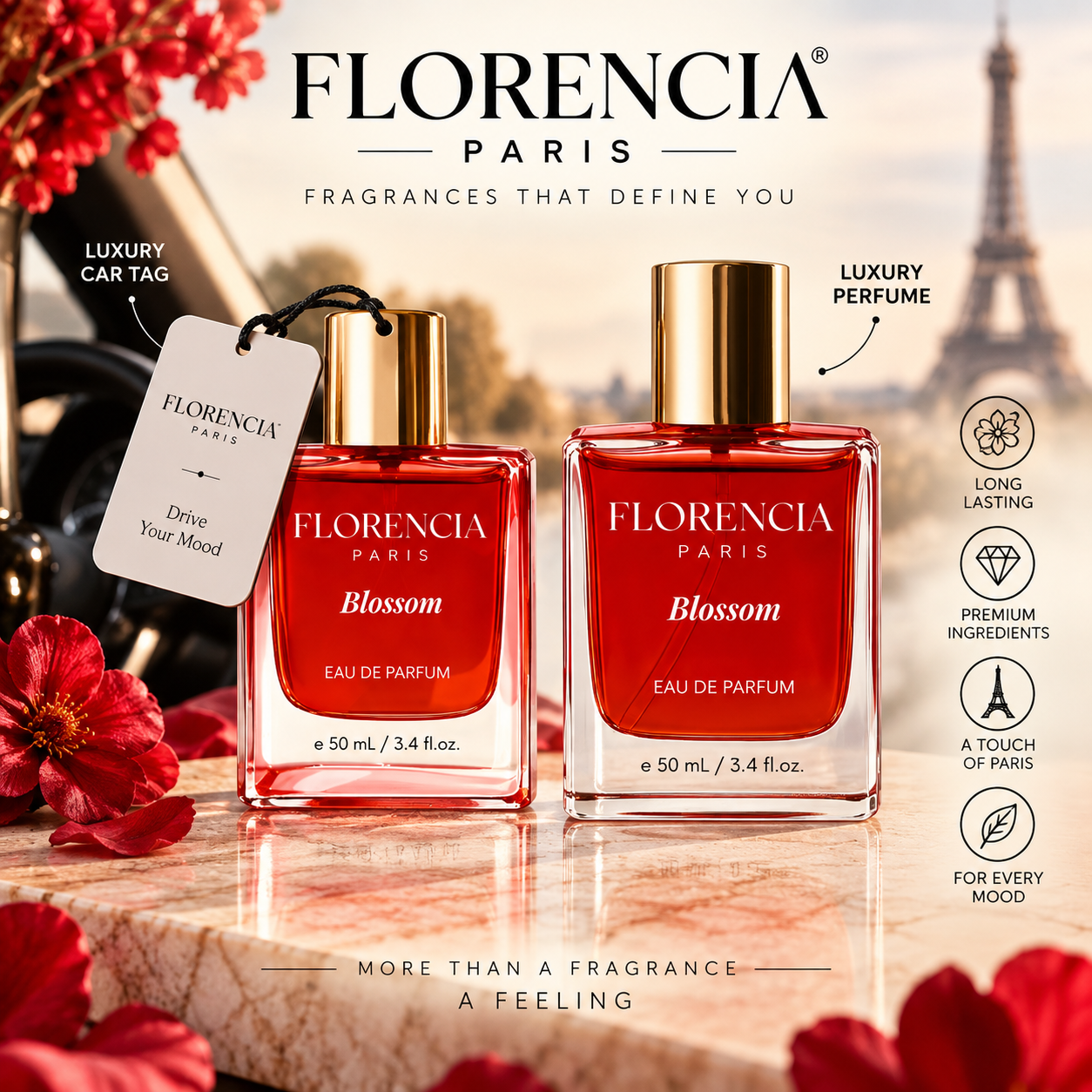 Florencia Blossom car perfume set with hanging car tag and 50ml Eau de Parfum bottle