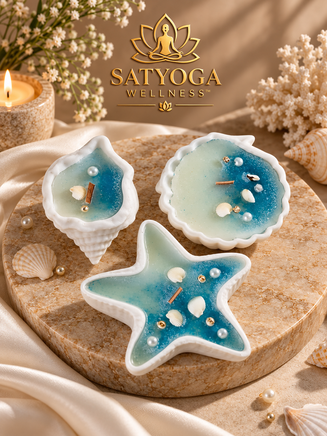 SATYOGA Welness™ Ocean Shell Decorative Candle Set of 3 in blue and aqua