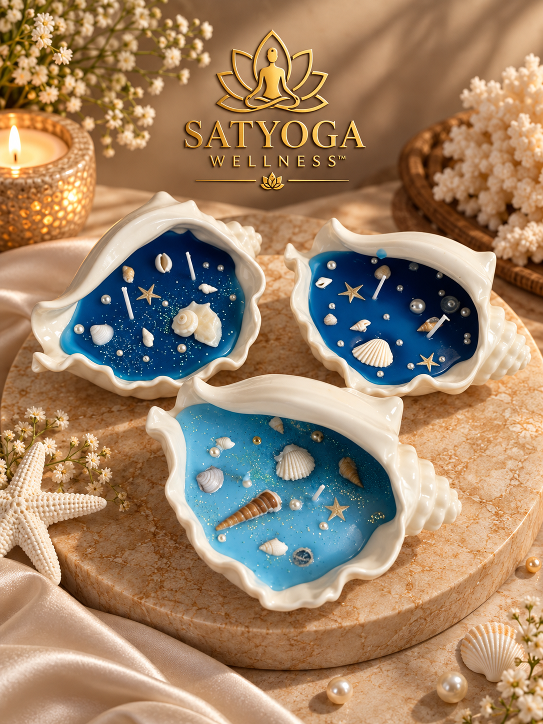 SATYOGA Welness™ Ocean Pearl Shell Candle Set of 3 with blue shells, pearls and starfish details