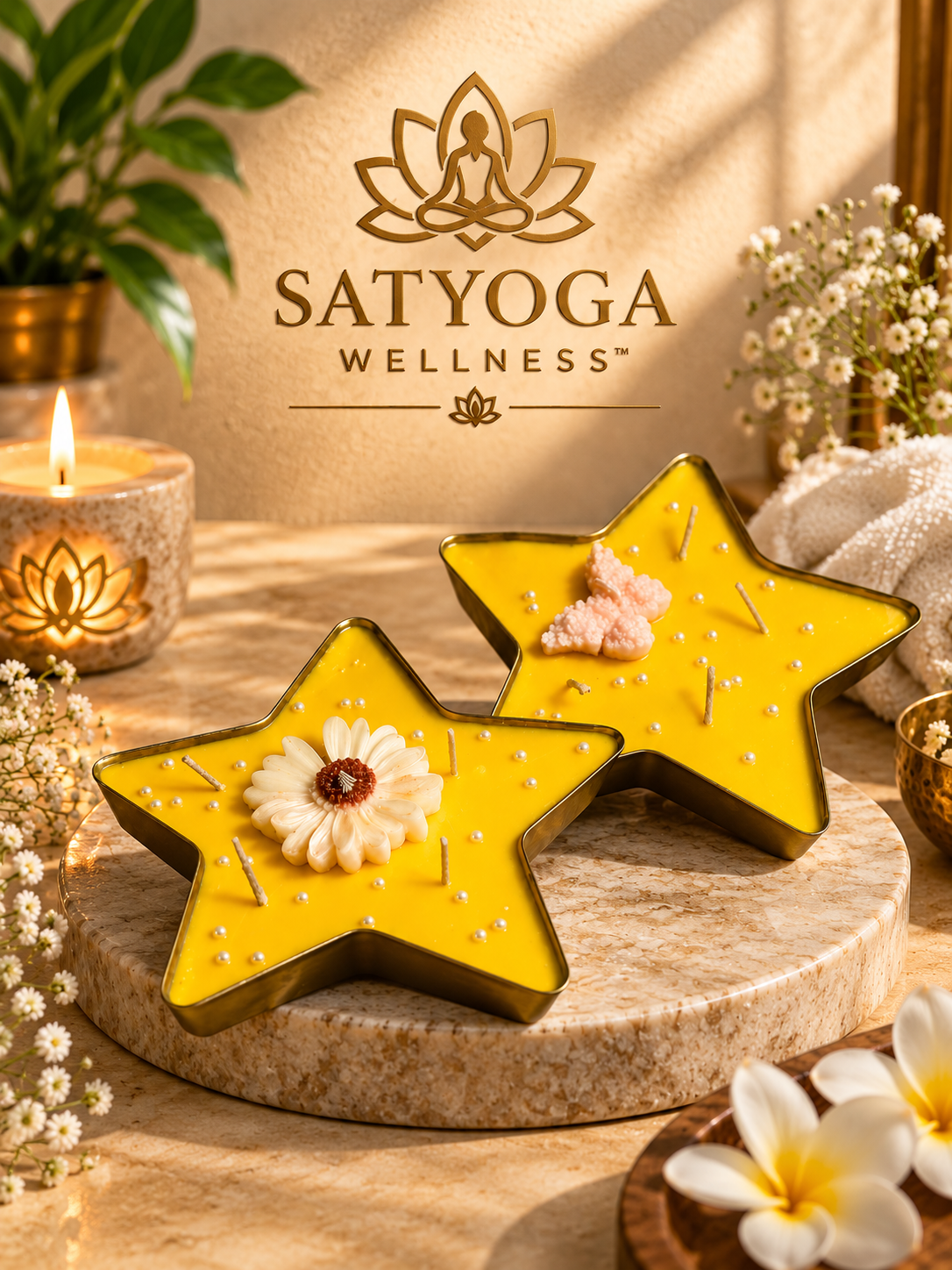 SATYOGA Welness™ yellow star flower decorative candle with floral centerpiece