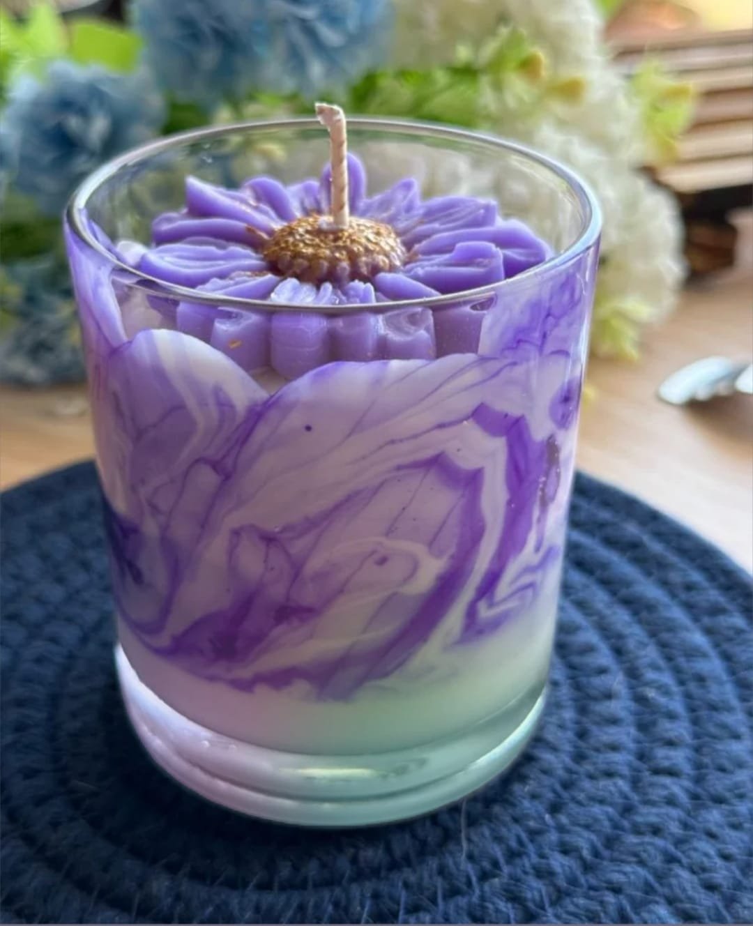 Tulip Meditation Candle in glass jar with purple floral wax design by SATYOGA Welness™