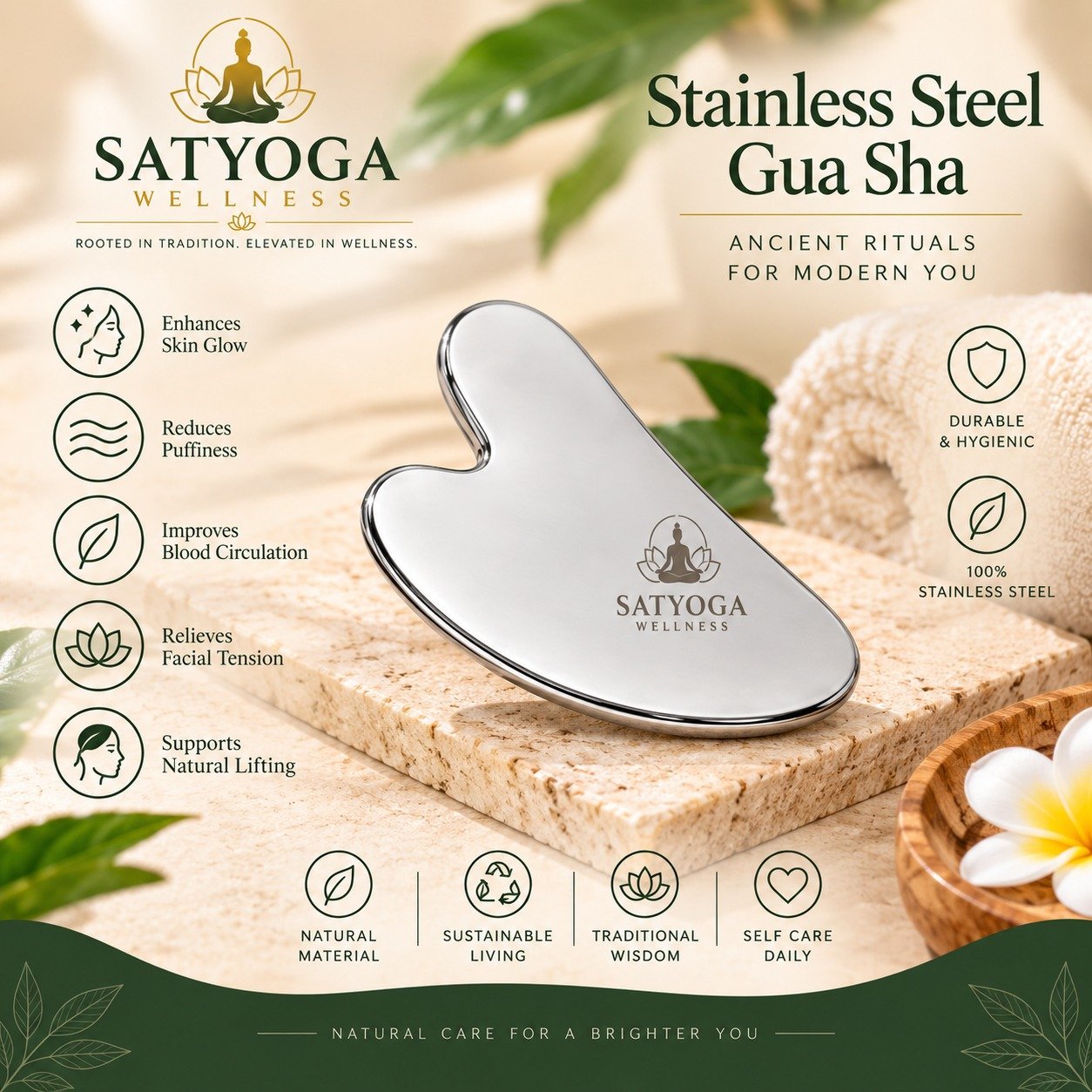 Stainless Steel Gua Sha – Facial Massage Tool | SATYOGA Wellness™