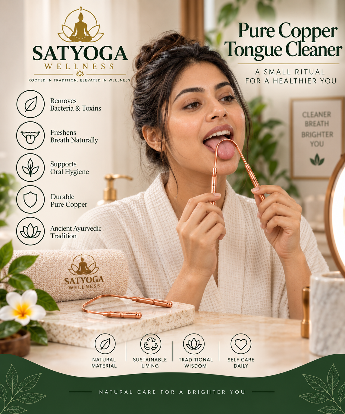 Pure Copper Tongue Cleaner – Ayurvedic Oral Care | SATYOGA Wellness™ - Image 2