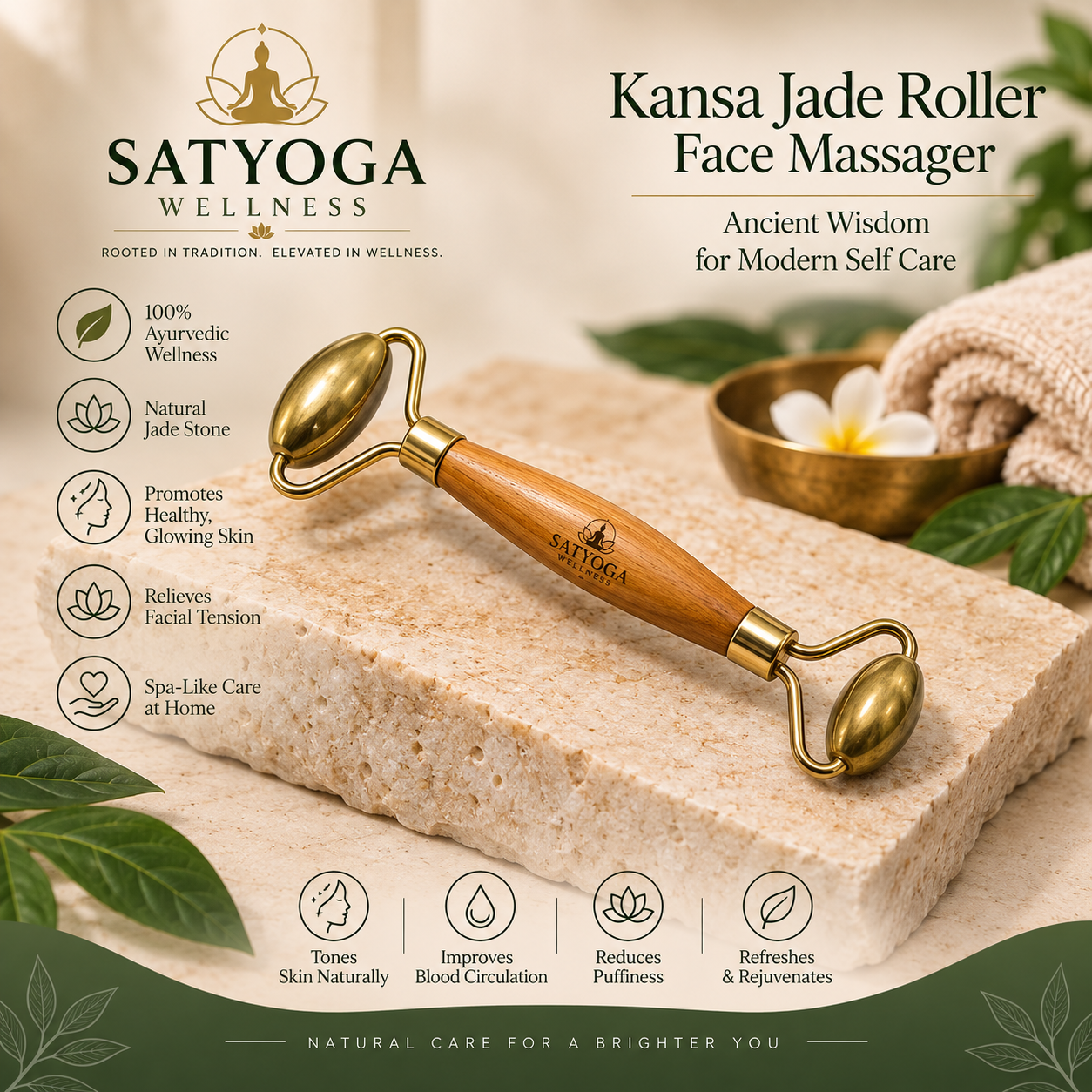 Kansa Jade Roller Face Massager – Ayurvedic Facial Massage Tool | SATYOGA Welness™