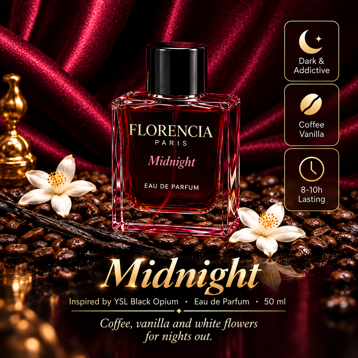 Florencia Paris Midnight Eau de Parfum 50ml coffee vanilla and white floral fragrance