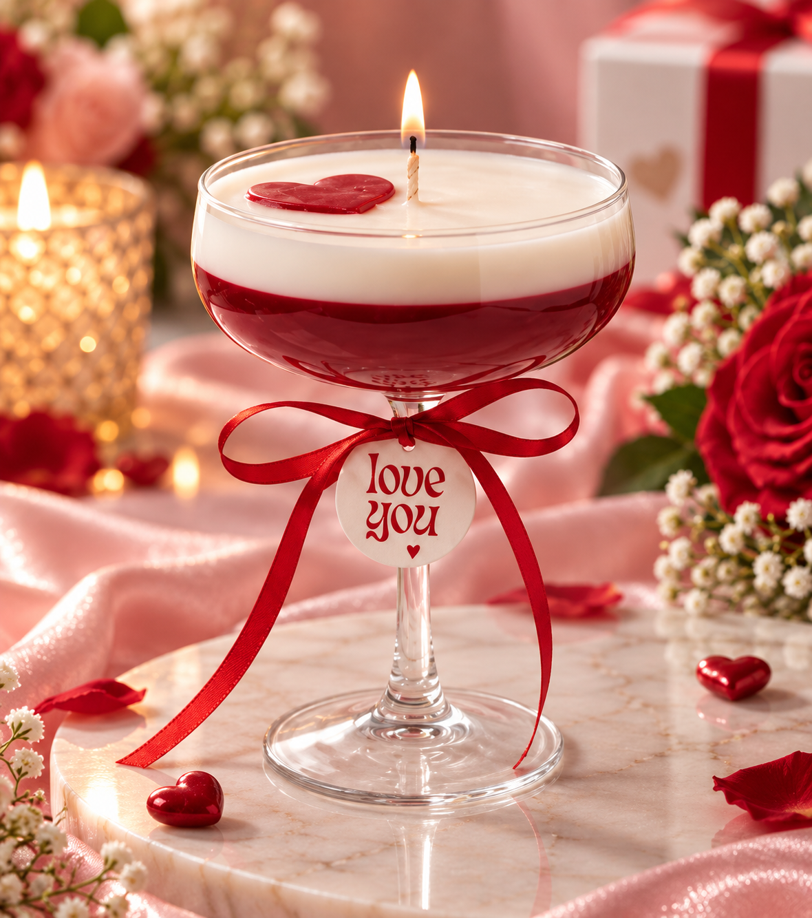 SATYOGA Welness™ Love You Rose Cocktail Decorative Candle with red and white wax, heart detail and rose décor