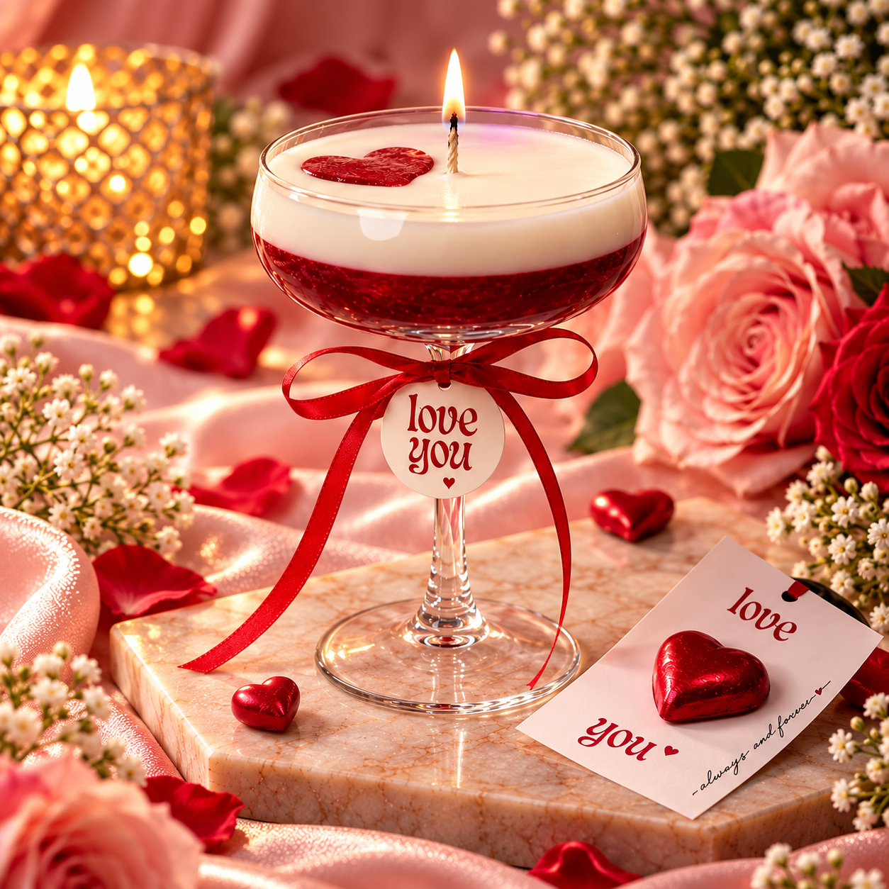 SATYOGA Welness™ Love You Rose Cocktail Decorative Candle with red and white wax, heart detail and rose décor