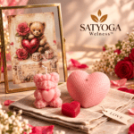 SATYOGA Welness™ Romantic Teddy Bear Candle Set with pink teddy bear and heart candles