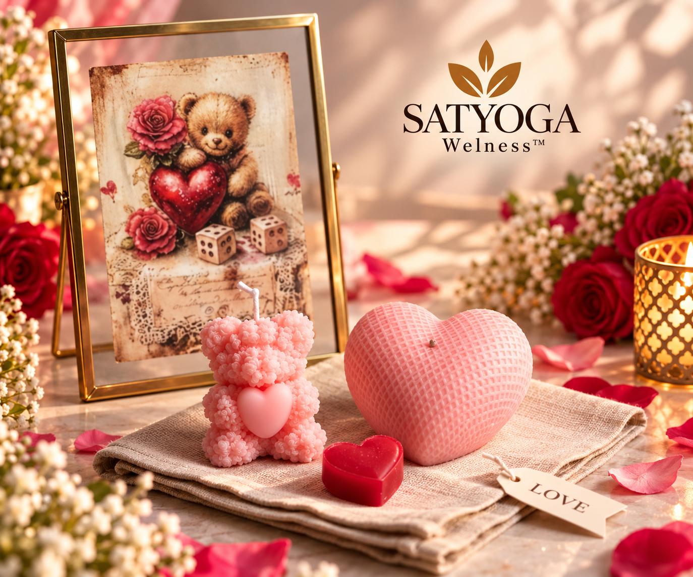 SATYOGA Welness™ Romantic Teddy Bear Candle Set with pink teddy bear and heart candles