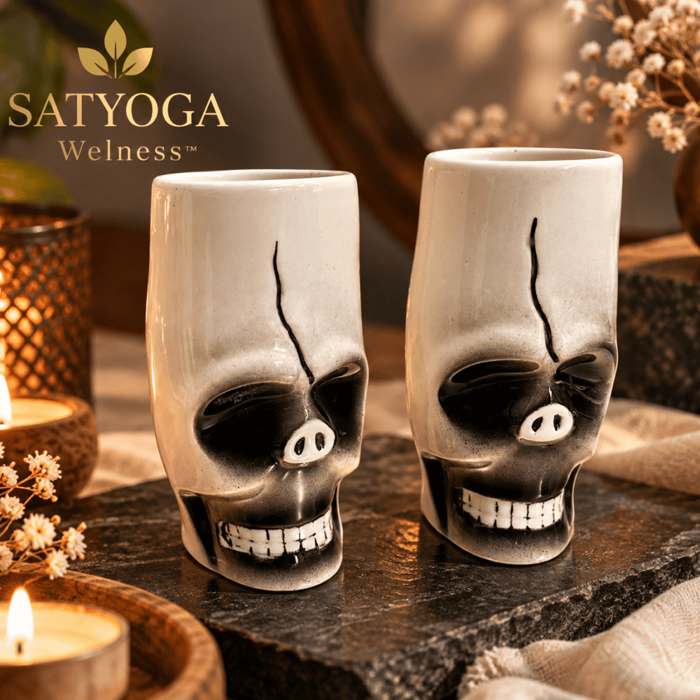 Skull ceramic candle with black and white detailed design by SATYOGA Wellness™