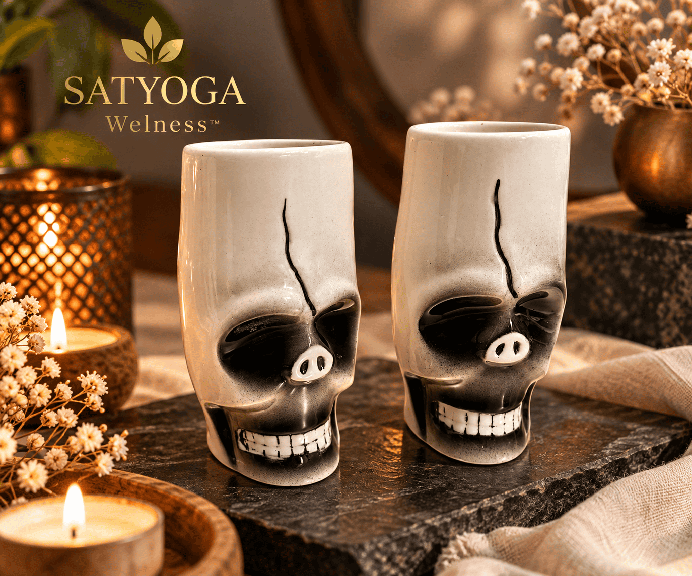 Skull ceramic candle with black and white detailed design by SATYOGA Wellness™
