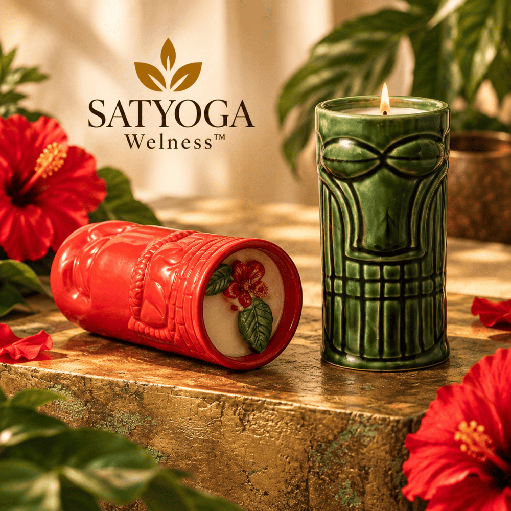 Tropical Tiki Ceramic Candle collection with red floral and green tiki designs by SATYOGA Wellness™