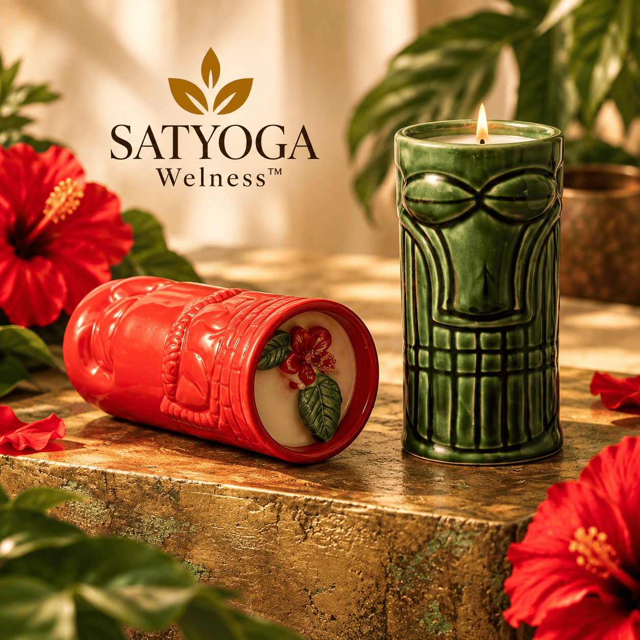 Tropical Tiki Ceramic Candle collection with red floral and green tiki designs by SATYOGA Wellness™