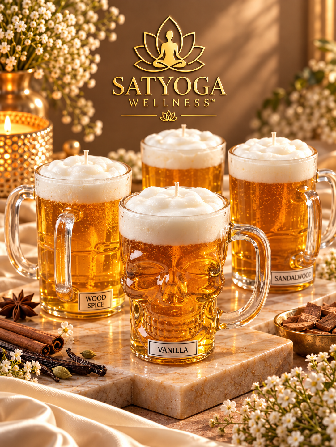 SATYOGA Welness™ Wood Spice Skull and Beer Mug Decorative Candle Collection in amber glass-style designs